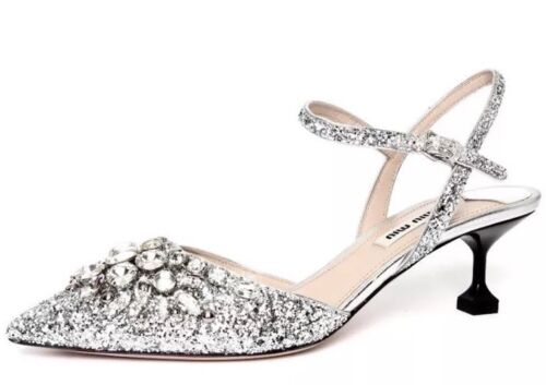 Miu Miu Women's Leather Glitter Crystals Strappy Closed Toe Pumps 6328 Sz 39 EUR - Picture 1 of 3