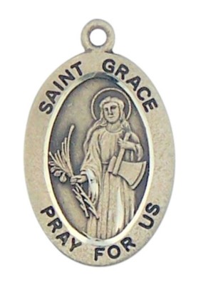 Patron Saint St Grace 7/8" Oval Sterling Silver Medal on Rhodium Plated ...