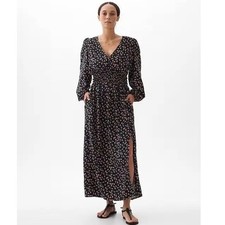 GAP Black Floral Maxi Dress V Neck Smocked Waist Long Sleeve Side Slit Pockets