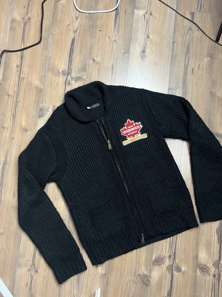 Dsquared2 Big Logo Black Heavy Knitted Cardigan Jacket Sweater Size 52 - Image 3 of 4