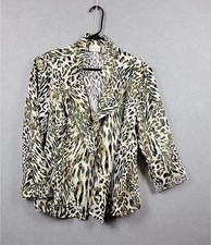 Chico's Linen Animal Print Jacket Women Size 1 Tan Black Excellent 3/4 Sleeve