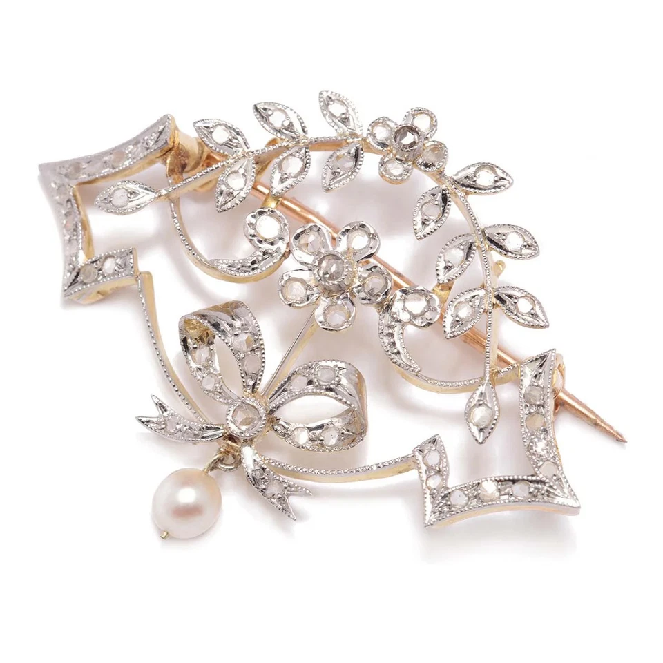 Vintage Brosche aus 750er Gold 18K 1 Perle 56 Diamanten ca.0.75ct Gewicht 7,33g - Bild 3 von 4