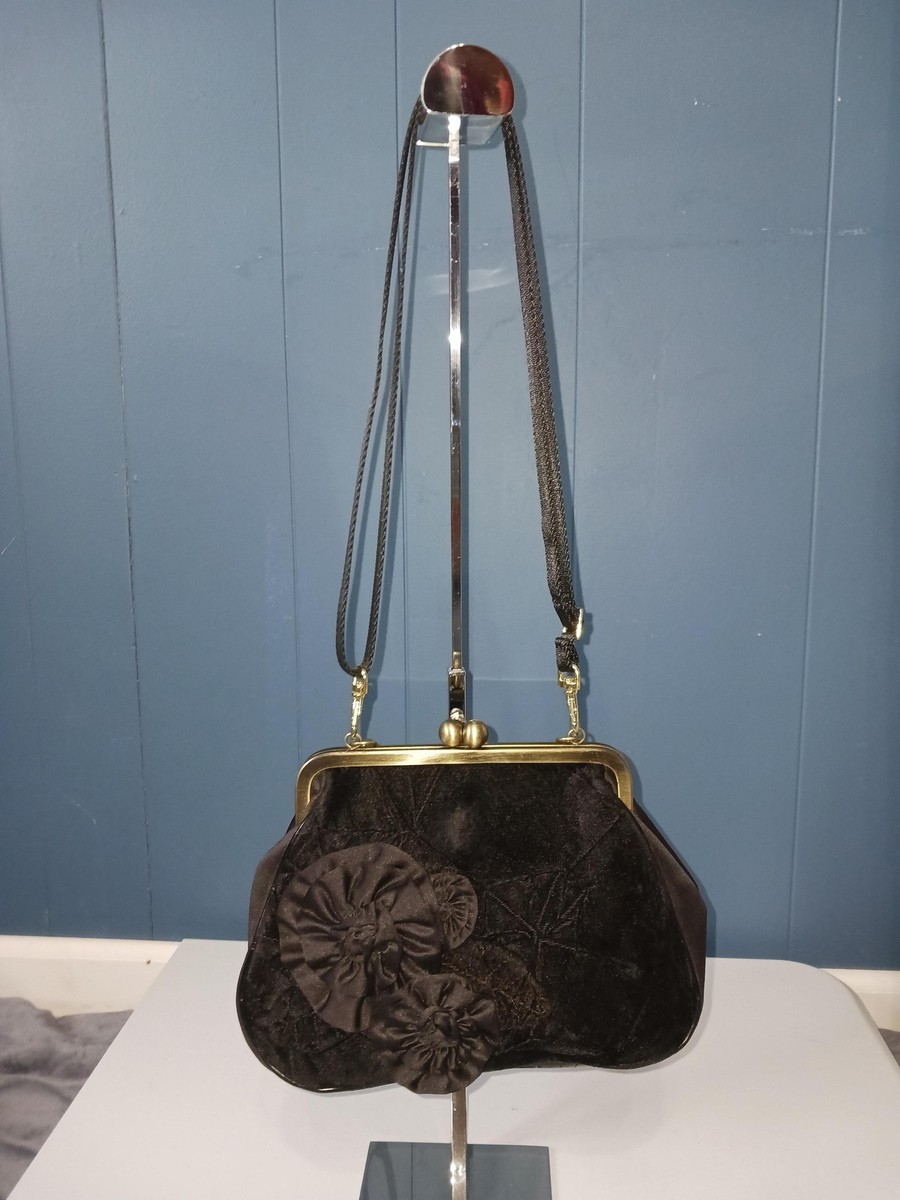 Nine West Crossbody Bag Womens Small Black Velvet Floral Kiss Lock