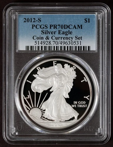 2012-S PCGS PR70DCAM Proof American Silver Eagle $1 Coin & Currency Set