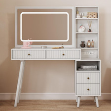48" Fluted Makeup Vanity Desk with 34" Big Mirror and Lights, White Large Vanity