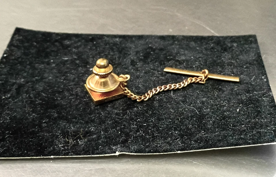 Vintage Gold Tone Tie Tack Pin With Chain Black Diamond w/ Clear Rhinestone - Image 2 of 3