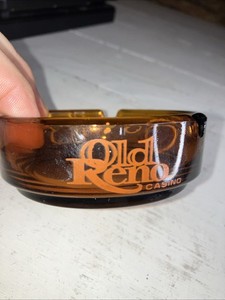 Vintage Old Reno Casino Ashtray Amber Glass Orange Letters 3 1/2" x 1"