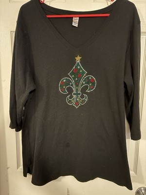 Kavio Ladies Black Mardi Gras Fleur de lis jeweled Tee Shirt 2x SS