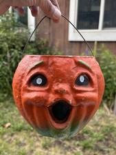 Vintage Paper Mache Pulp Choir Boy Jack O Lantern Pumpkin w/Wire Handle 