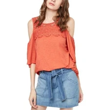 Sanctuary Women's Soft Cold Shoulder Crochet Trim Pullover Top Size S Red Orange