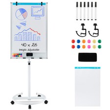 Costway Height-Adjustable Mobile Whiteboard with Round Stand Paper Clips-White -