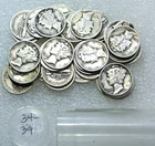 1934-1939 MERCURY Dime Part Roll of 38 coins in tube #Q342