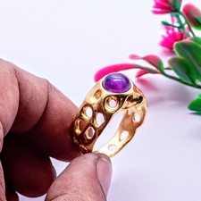 Natural Amethyst Gemstone Ring, 18k Gold Plated 925 Silver Handmade Gift Ring.