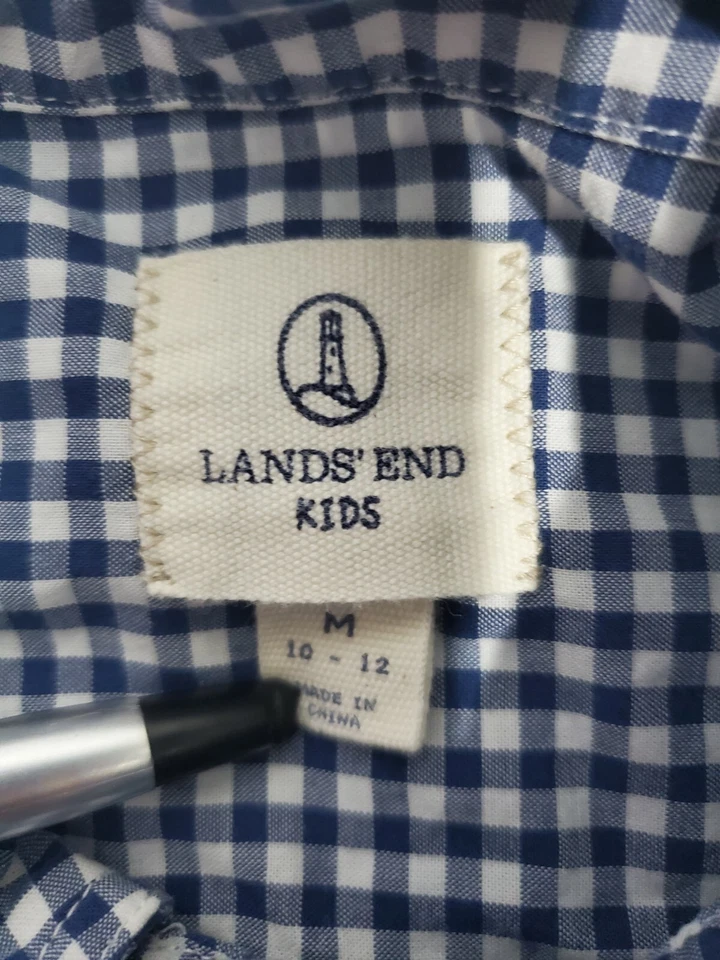 Lands' End Blue White Gingham Button Down Long Sleeve Shirt Boy's Medium 10-12. - Image 4 of 4