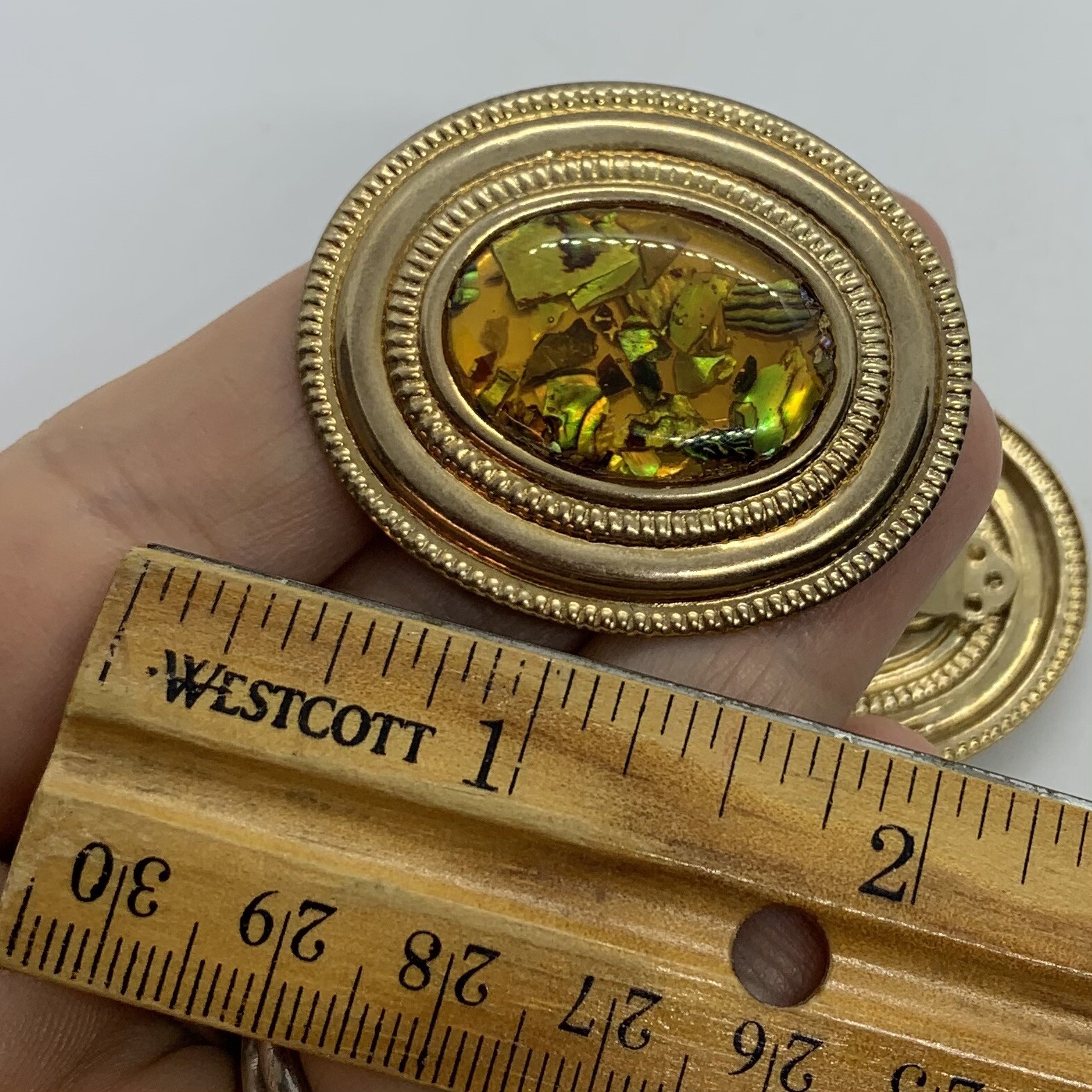 VTG ABALONE SHELL STATEMENT EARRINGS GLASS ENCASE… - image 5