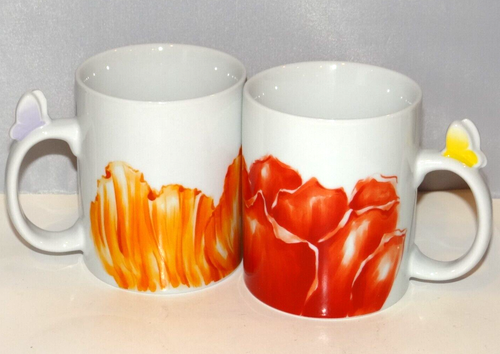 TARGET HOME Red and Orange 12oz. Mug Cup Flowers Floral Butterfly Porcelain Set