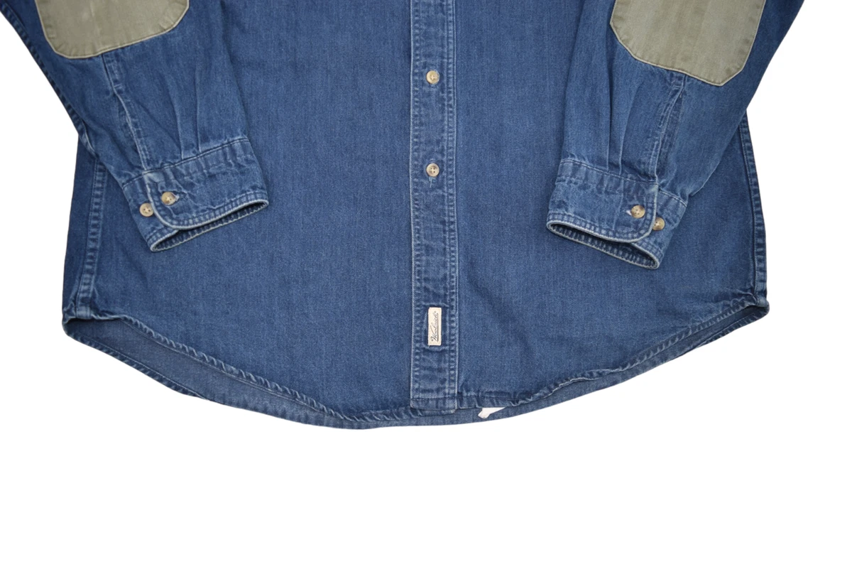 Woolrich Denim Shirt Mens L Dark Wash Jean Elbow Patches Long