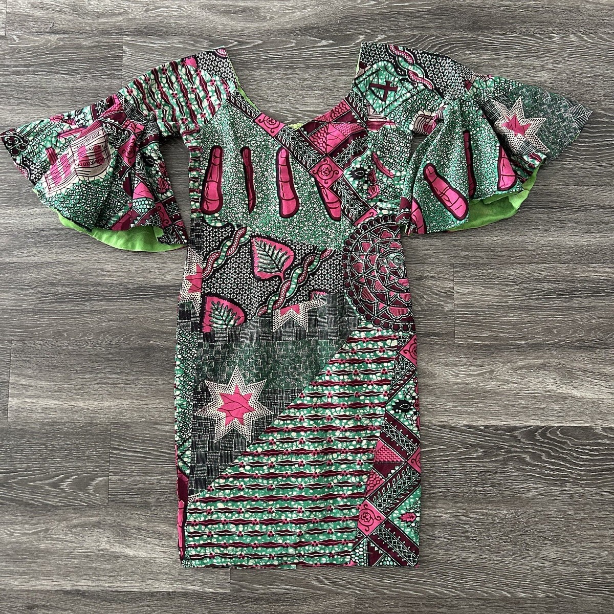 pink and green african dress Handmade Batik Patchwork Print Sheath Flare Sleeves BRIDESMAIDSPOPUP