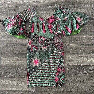 pink and green african print dress Handmade Batik Patchwork Sheath Flare Sleeves Its bold colors will