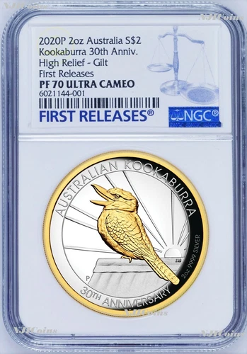 2020 Australia GILT HIGH RELIEF 2oz Silver Kookaburra 30 Ann $2 Coin NGC PF70 FR