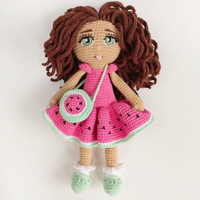 CROCHET DOLL WITH BAG IN WATERMELON DRESS.HANDMADE DOLL.AMIGURUMI DOLL ...