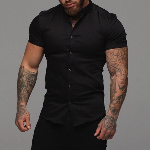 Men's Short Sleeve Button Down Shirts Casual Slim Fit T-Shirt Formal Tops Blouse - Picture 12 of 19