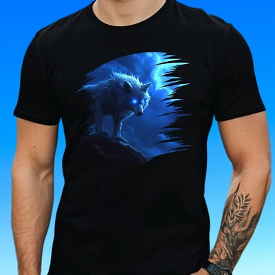 Mens Wolf Light Up Eyes Print Cotton T-Shirt Size XS to 5XL
