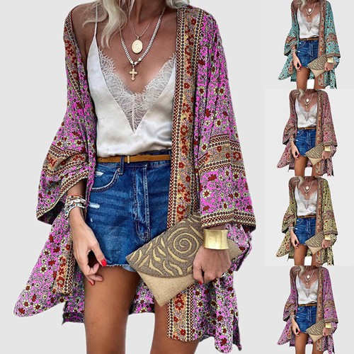Plus Size Women's Bell Sleeve Cardigan Ladies Summer Beach Cover Up Tops Kimono