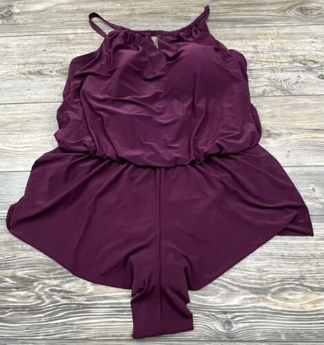Aqua Green Womens High Neck Swim Romper Plum Purple Shelf Bra Pockets 18W NWT