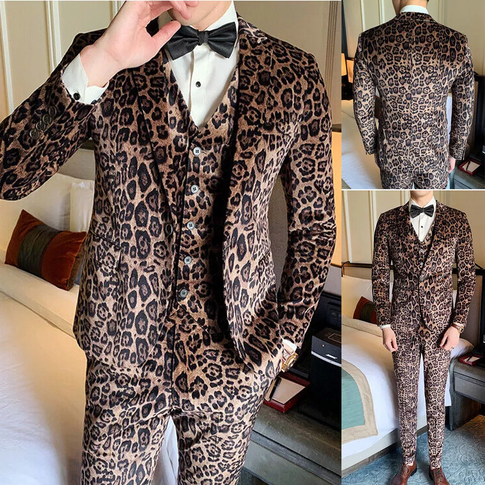 Mens Leopard Print Suit Velvet Wedding Dinner Formal Prom Dress Suits 3  Pieces