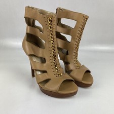 STUART WEITZMAN Beige Leather Open Gold Chain Platform Heels Bootie Size 7.5 M