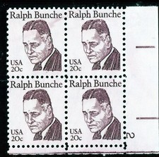 US  1860   Ralph Bunche  20c -  LR Plt Blk of 4  -MNH -1982 - Plt  #2  LR