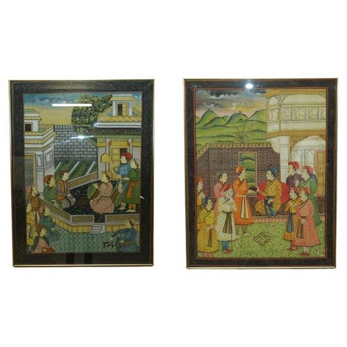 PAIR OF COLLECTABLE ANTIQUE PERSIAN HAND PAINTED ORIENTAL SCENES ON SILK FRAMED - Picture 1 of 12