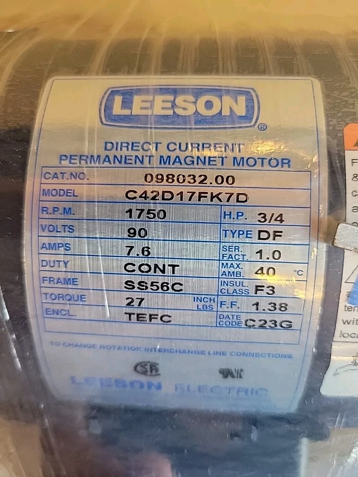 Leeson  DC motor generator wind turbine 1750 RPM  3/4 HP 90V C42D17FK7D - Image 3 of 4