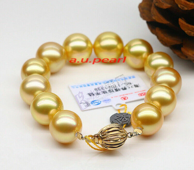 AAAAA 7.5"12-13mm Natural real round south sea golden pearl bracelet 14K GOLD - Image 4 of 4