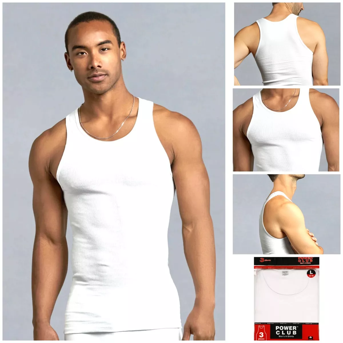 Mens 100% Cotton Tank Top A-Shirt Wife Beater Undershirt Ribbed Black 6  Pack (White, Large)