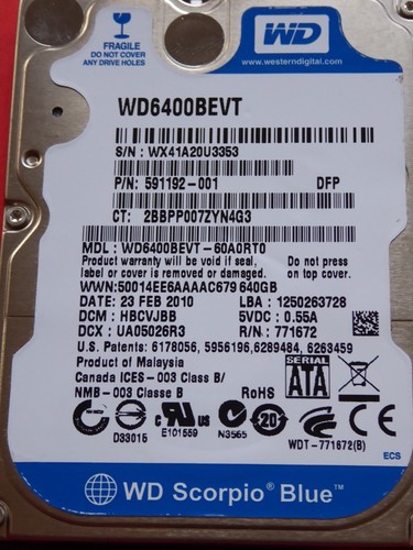 Western Digital WD6400BEVT-60A0RT0 | HBCVJBB | 23 FEB 2010 | 640GB #24