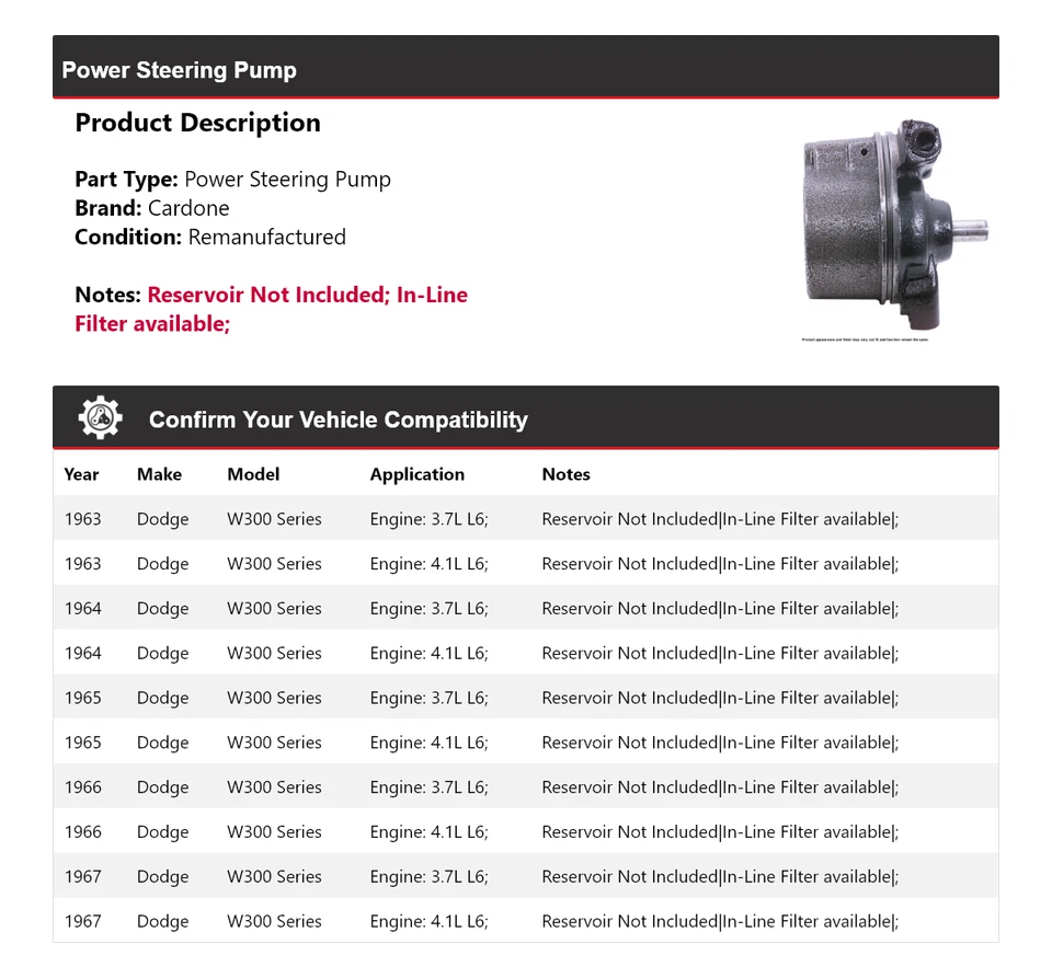 Bomba de dirección asistida Cardone 1964 1965 1966 para Dodge serie W300 1963-1967 Foto 2 de 4