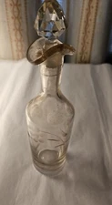 Victorian Etched Grape Design Glass Cruet Bottle w/Stopper. 7.5"h w/stopper.