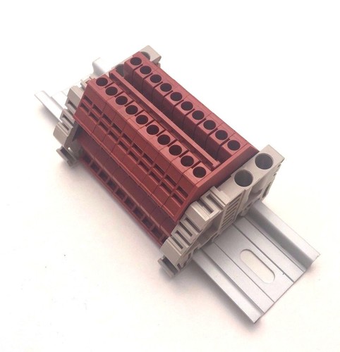 Power Distribution Terminal Blocks 10 Gang Red DIN Rail Dinkle 12AWG 20A 600V - Afbeelding 1 van 1