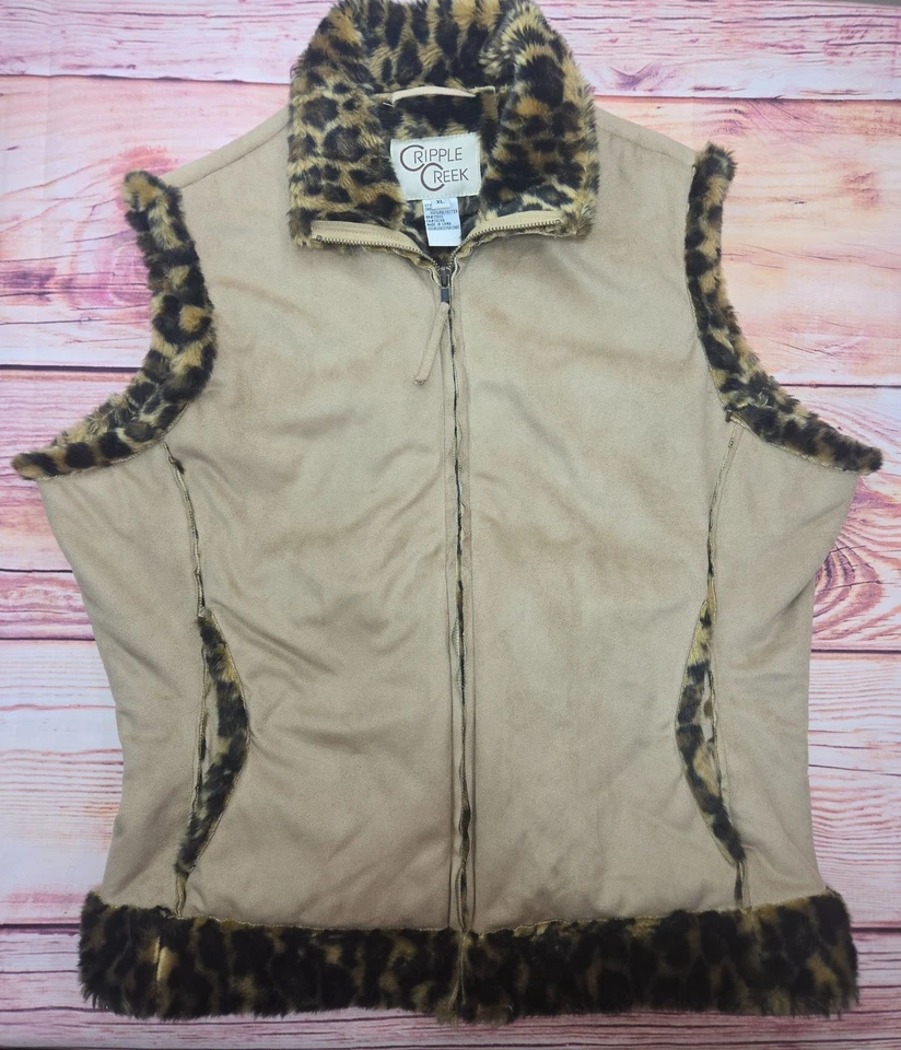 Cripple Creek Mujer Imitación Gamuza Cremallera Completa Chaleco Chaqueta Pequeña con Borde de Leopardo Foto 4 de 4