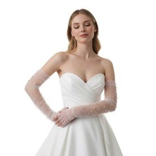 Elbow Length White Pearl Tulle Gloves, Fingerless Bridal Wedding Gloves for W...