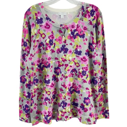 Charter Club Women’s 1X Plus Gray/Purple Floral Knit Button-Up Cardigan Rayon
