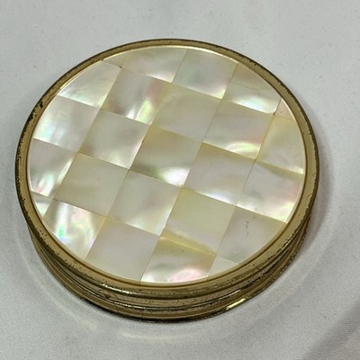 Max Factor Cream Puff Compact Art Deco White Pearl Weave Gold Trin Empty Vintage