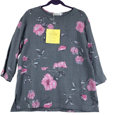 Regalia Handmade Size M Asana Blouse Linen Tunic Gray Gardens Floral Motif NEW