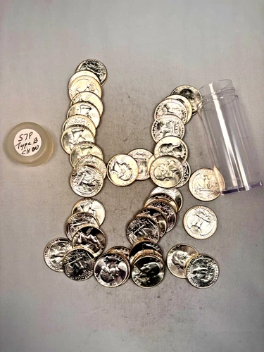 1957P WASHINGTON QUARTER 90% SILVER CH. BU BRILL UNC 40 COIN ROLL TYPE B REVERSE