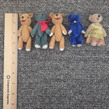 Miniature Lot of 5 Jointed Teddy Bears with Bows Vintage 3