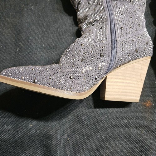 Silver Rhinestone Cowgirl Western Mid Calf Knee Boot Chunky Block Heel Size 8.5 - Picture 2 of 6