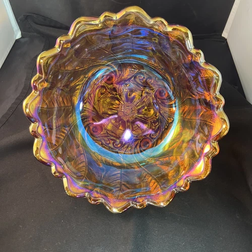 Vintage Marigold Iridescent Carnival Glass Fruit Bowl Wild Rose Scalloped Edge