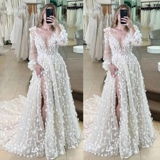 Boho V Neck Long Sleeve Wedding Dresses A Line 3DFlowers Side Split Bridal Gowns